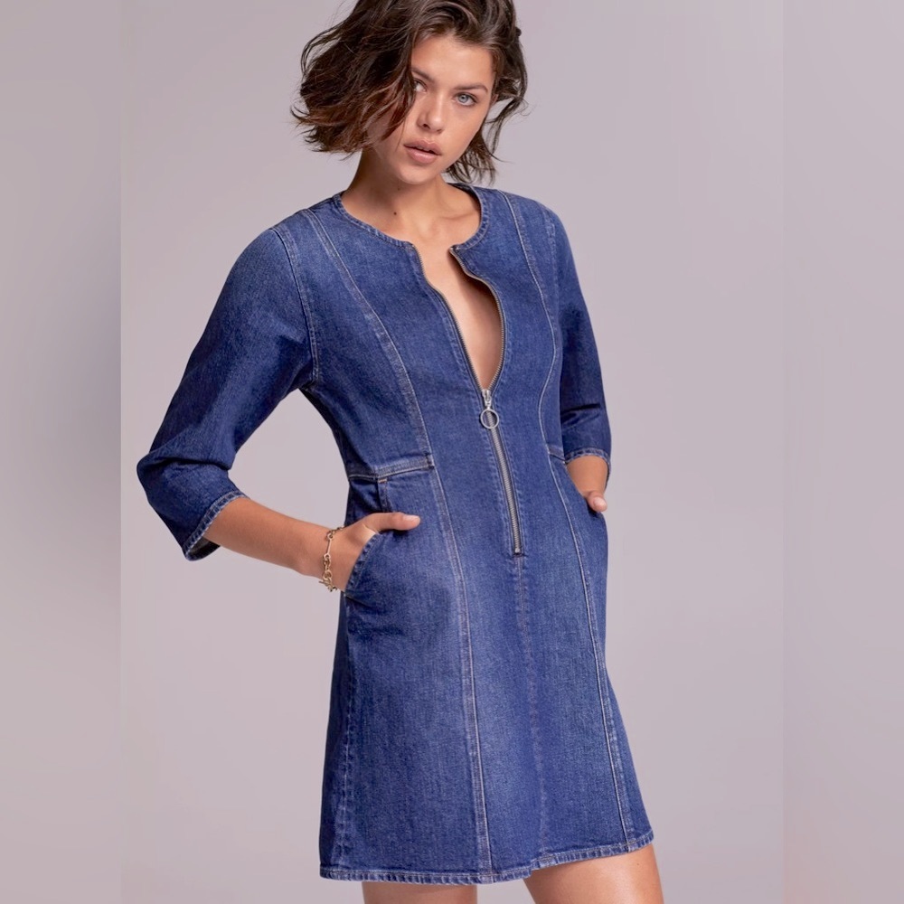 Denim Forum Aritzia Zip Front Mini Dress Fitted 3/4 Sleeve